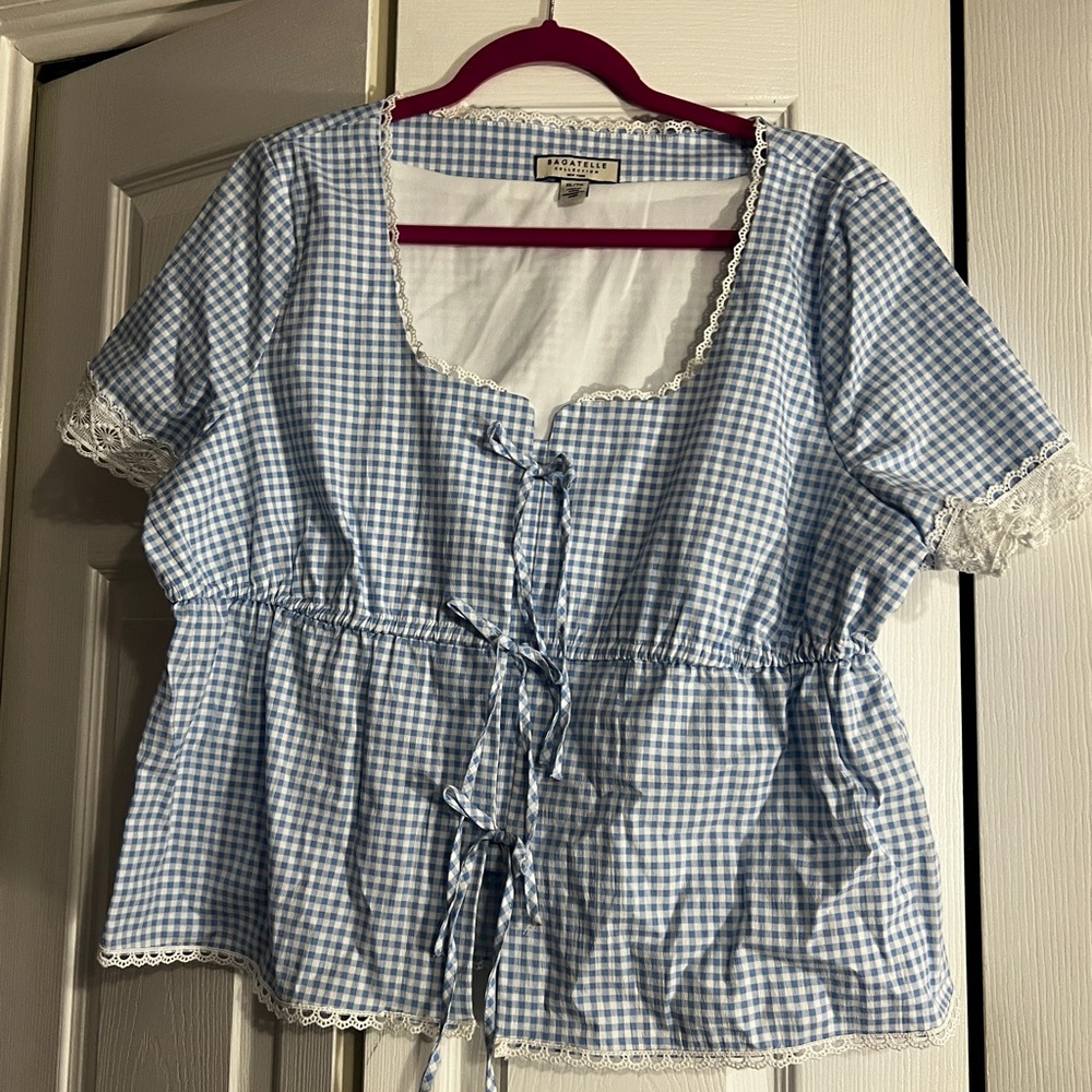 bagatelle Light Blue Gingham Lace-Trim Peplum Tie-Front Blouse